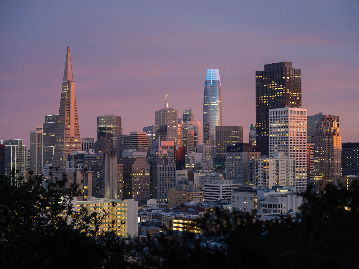 A city skyline at dusk